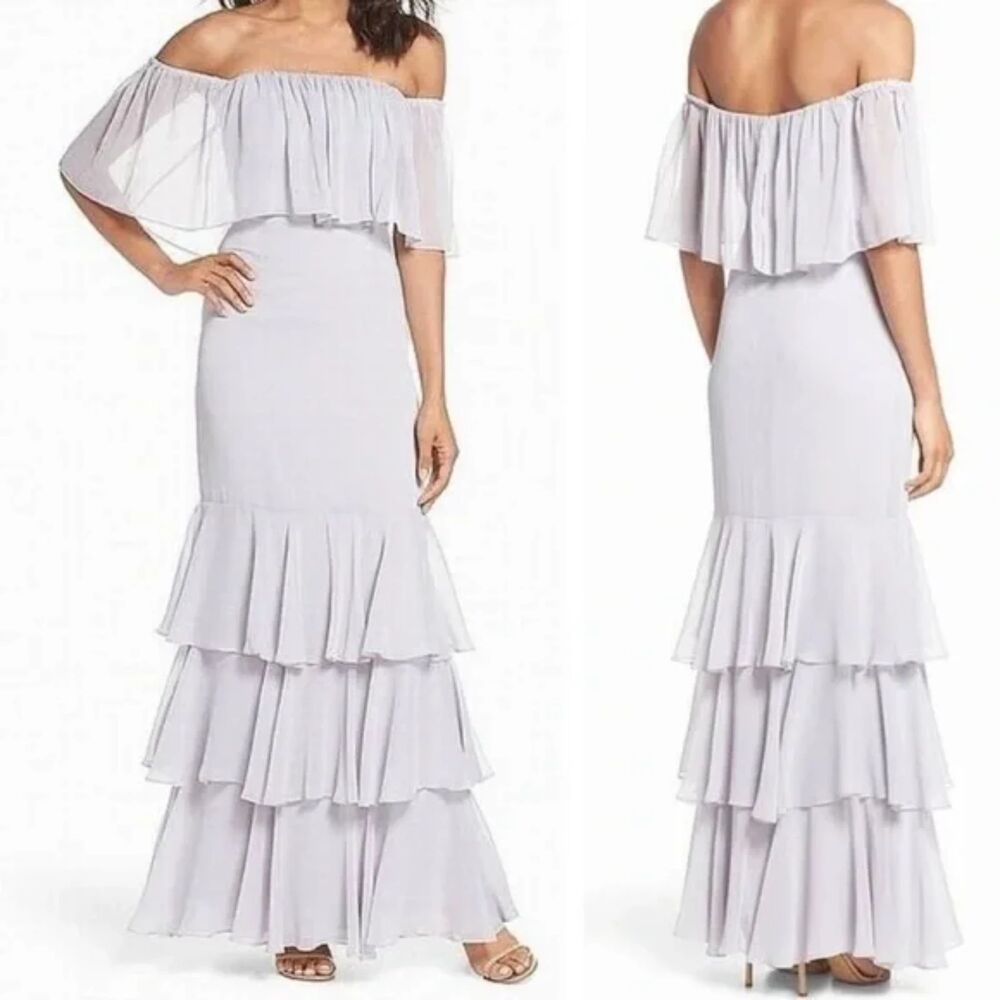 WAYF Penelope Grey Lavender Ruffle Layered Off Shoulder Maxi Dress Size S Formal